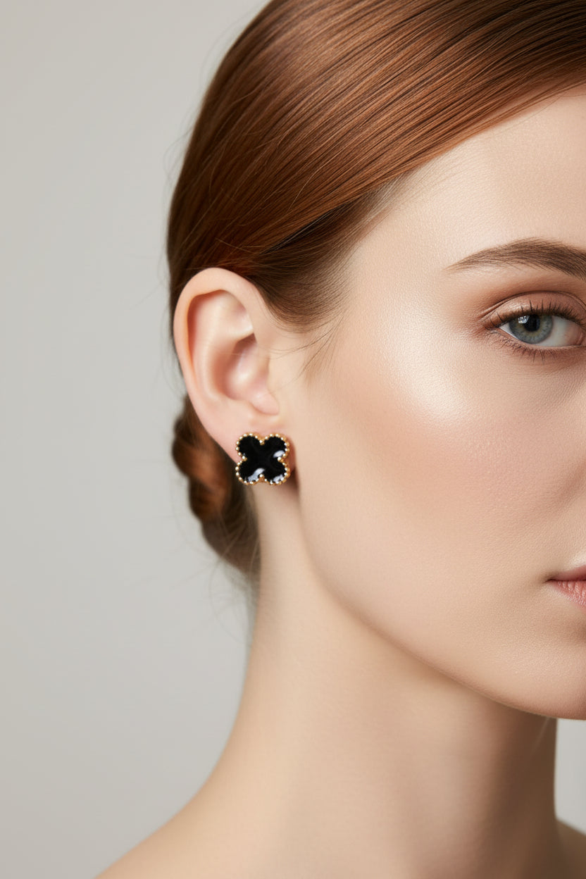 2 Pack Enamel Clover Stud & Pendant Necklace - Gold/Black