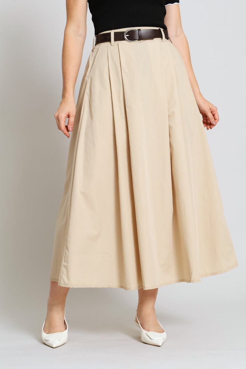 Belted Poplin Midi Skirt - Stone