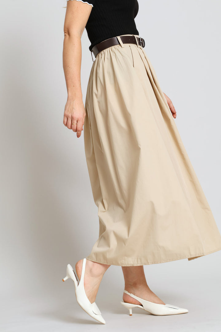 Belted Poplin Midi Skirt - Stone