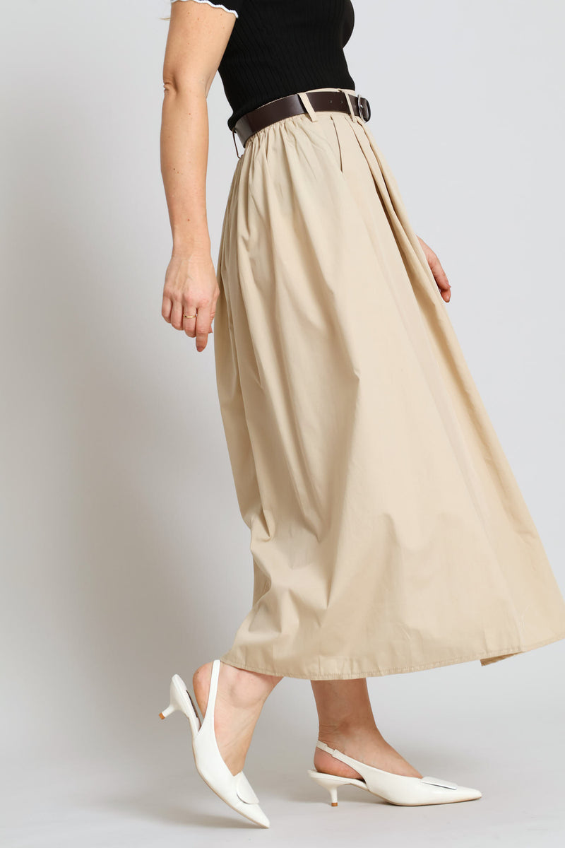 Belted Poplin Midi Skirt - Stone