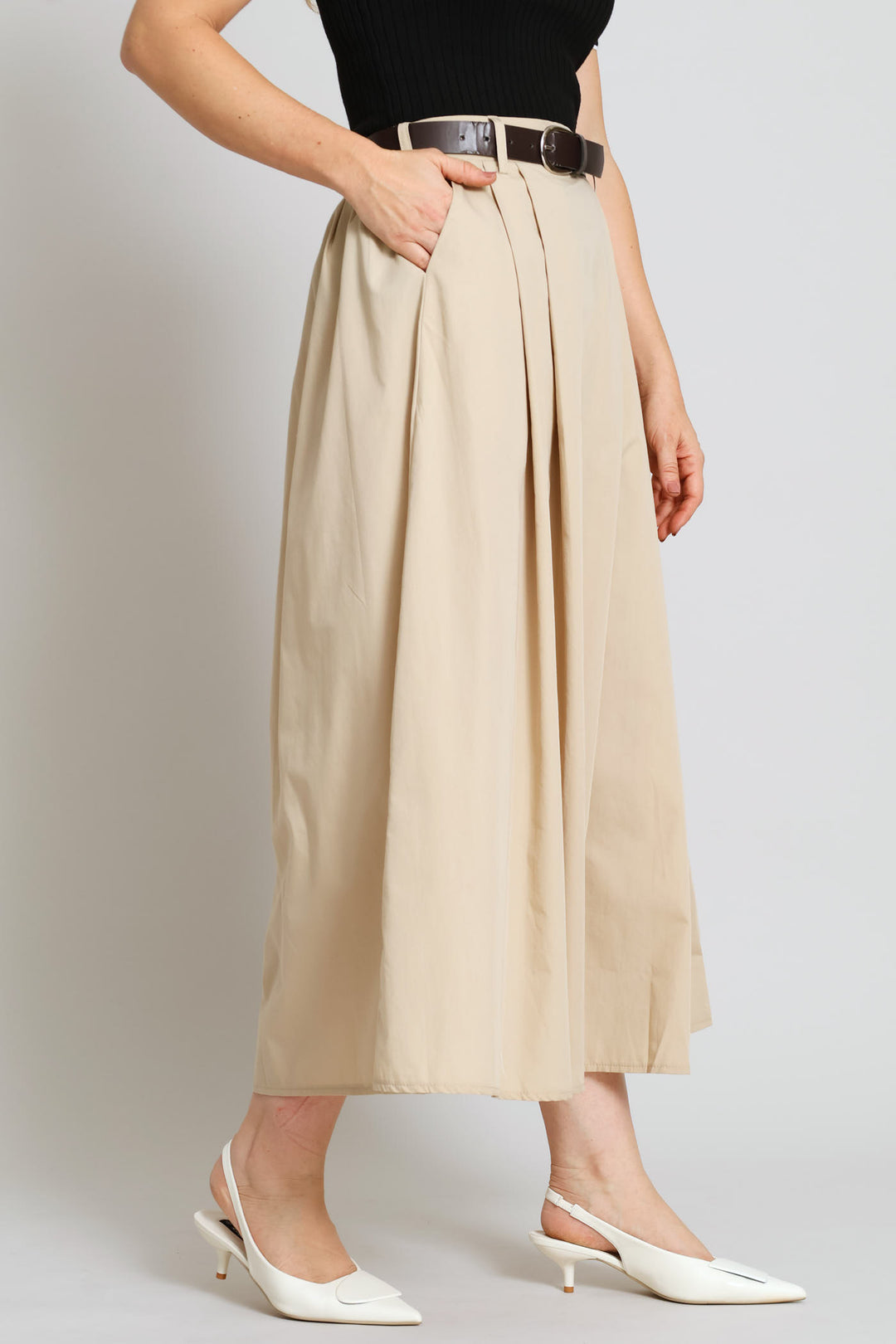 Belted Poplin Midi Skirt - Stone