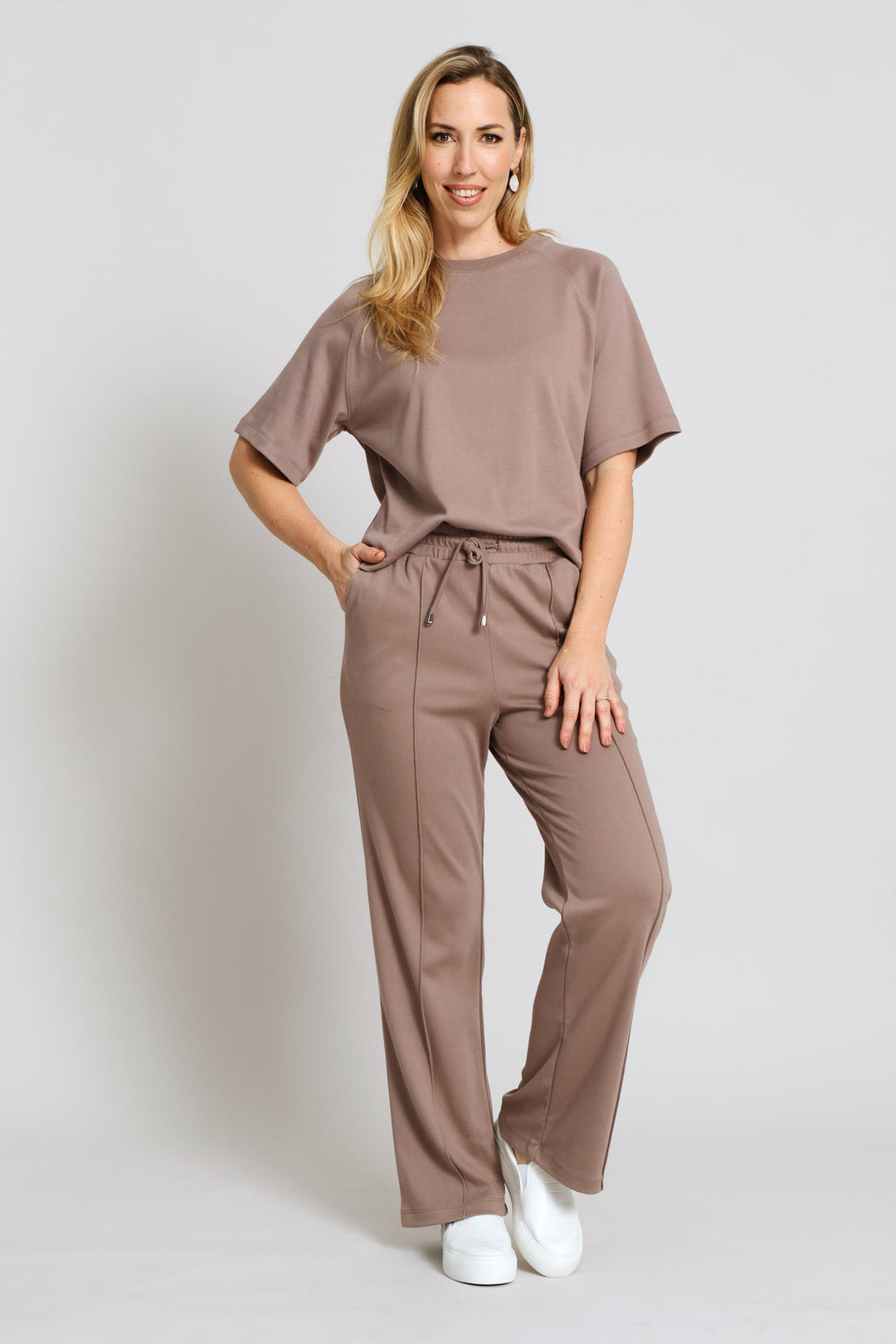 Pinched Seam Sports Stripe Wide Leg Pant - Taupe