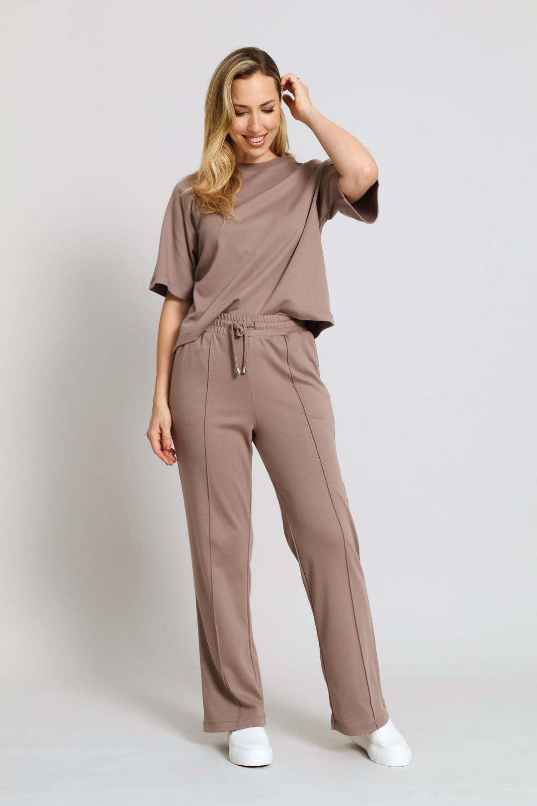 Pinched Seam Sports Stripe Wide Leg Pant - Taupe