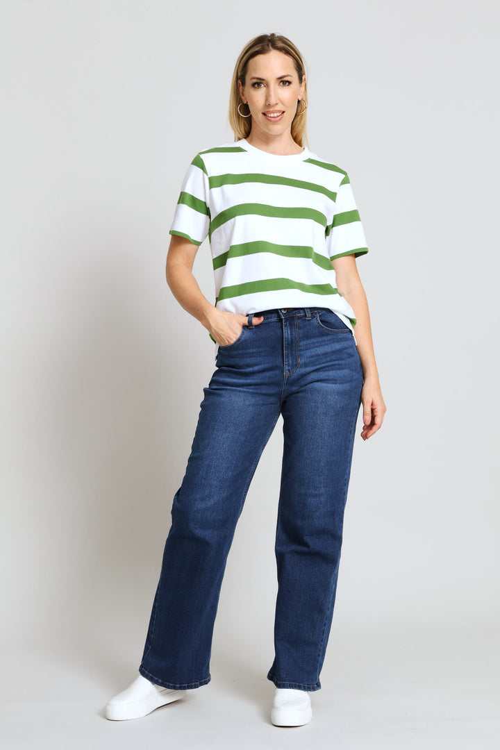 Stripe Cotton Rib Neck Boxy Tee - White/Green
