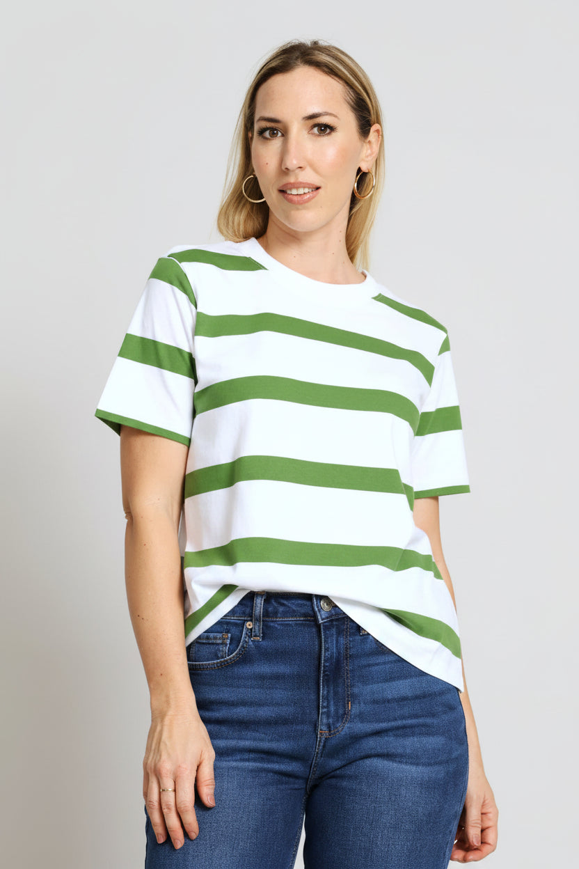 Stripe Cotton Rib Neck Boxy Tee - White/Green