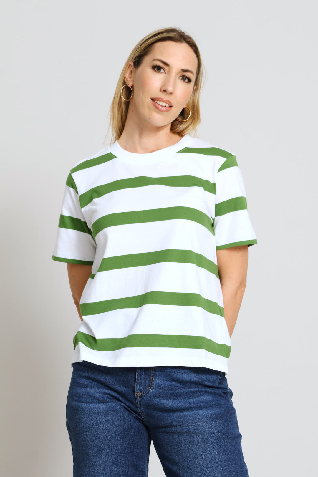 Stripe Cotton Rib Neck Boxy Tee - White/Green