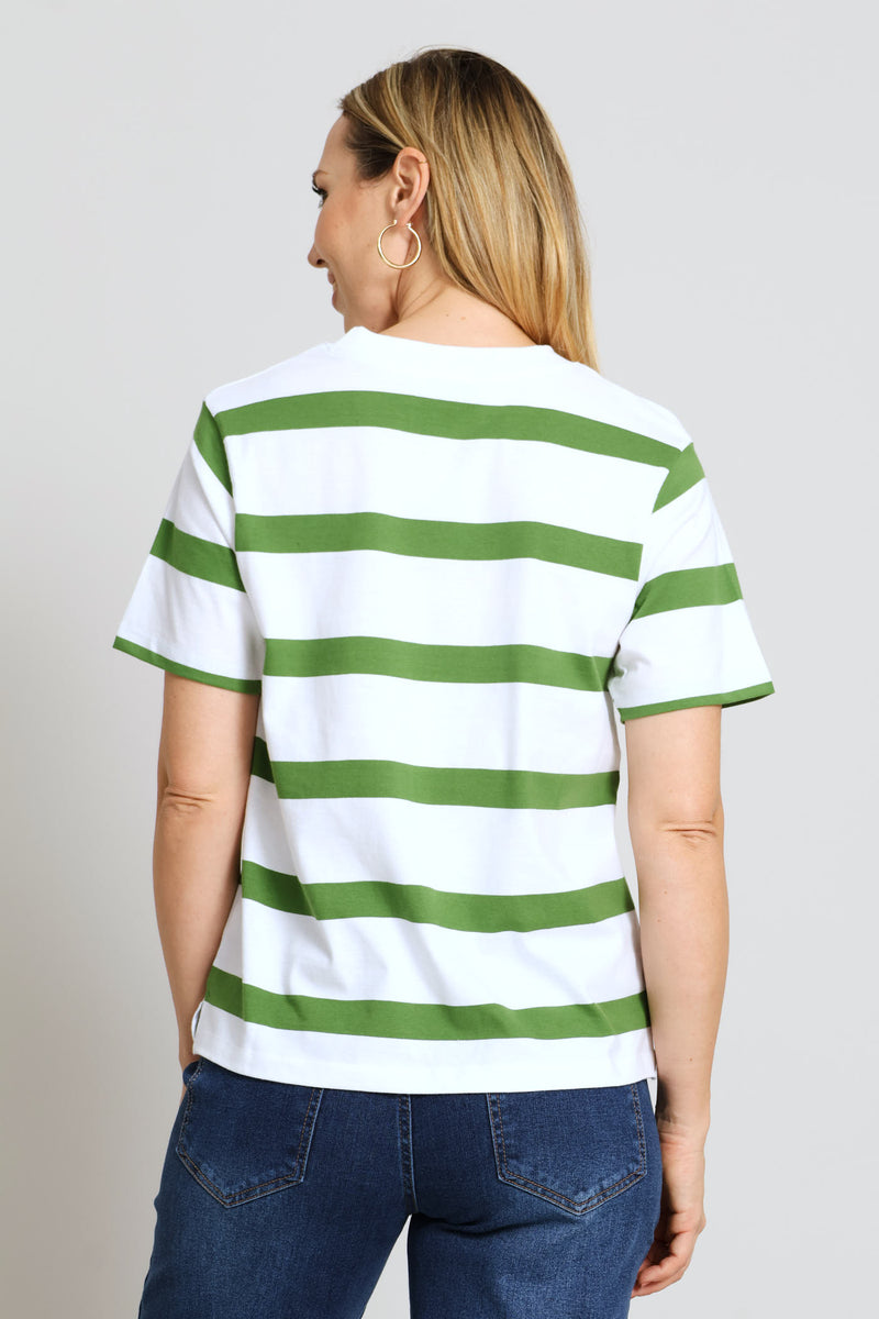 Stripe Cotton Rib Neck Boxy Tee - White/Green