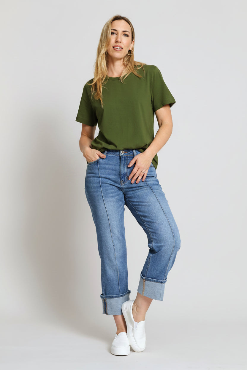 Cotton Rib Neck Boxy Tee - Dark Fatigue