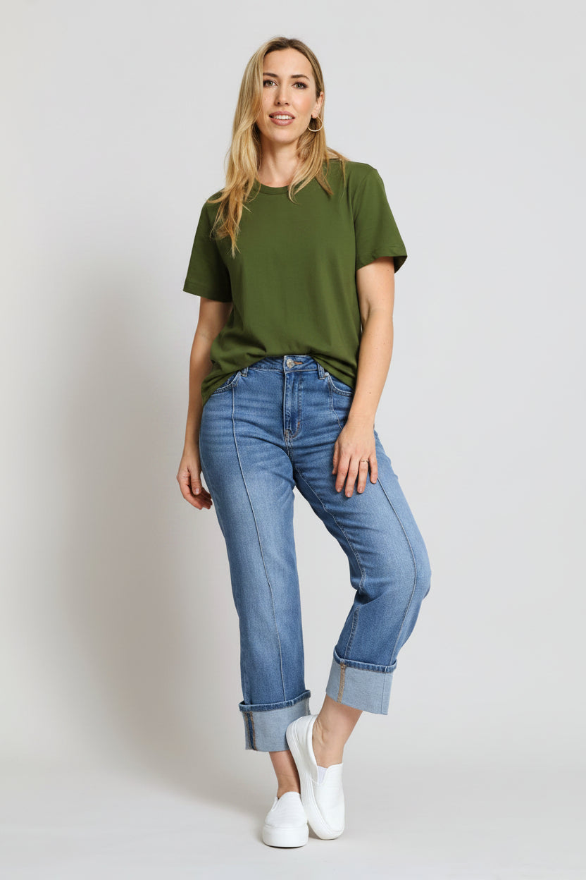 Turnup Relaxed Straight Denim With Seam Detail - Light Wash
