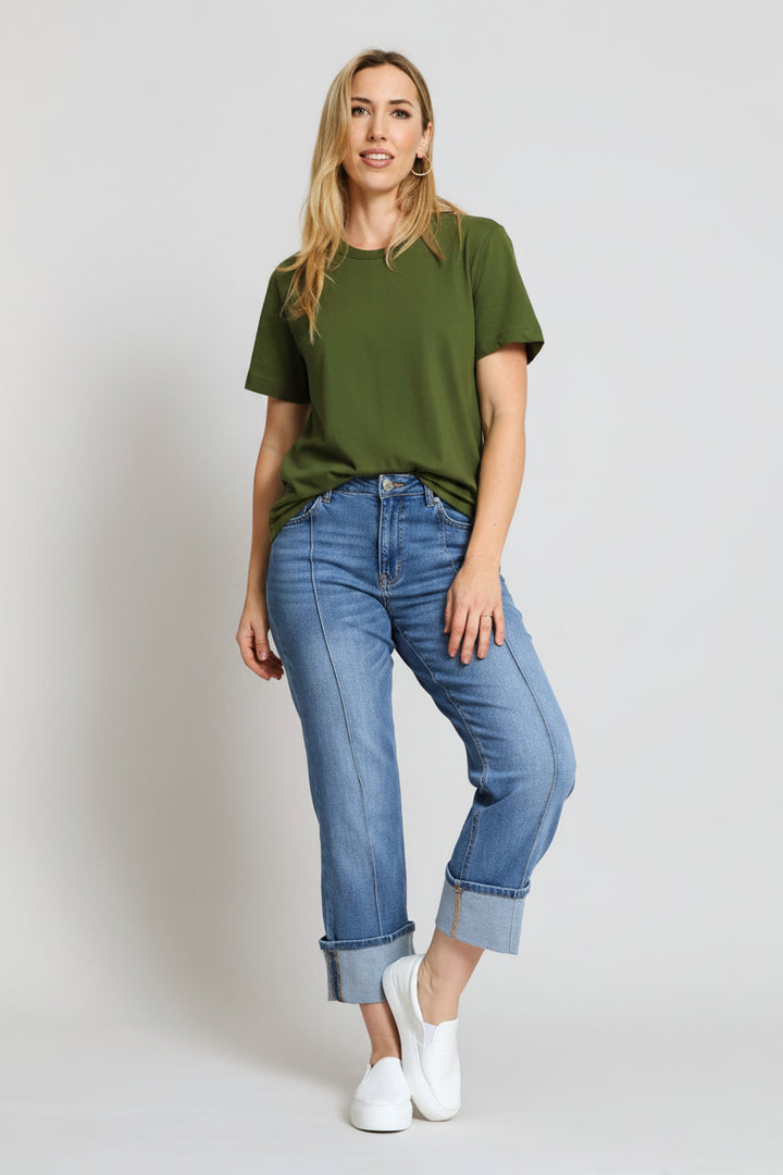Turnup Relaxed Straight Denim With Seam Detail - Light Wash