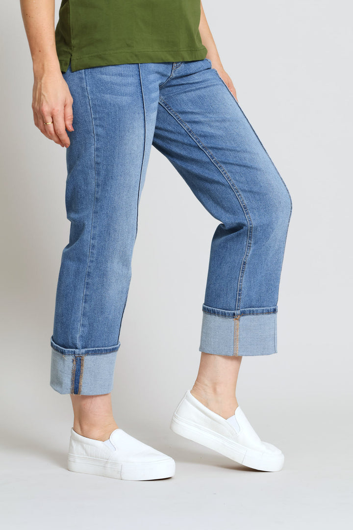 Turnup Relaxed Straight Denim With Seam Detail - Light Wash