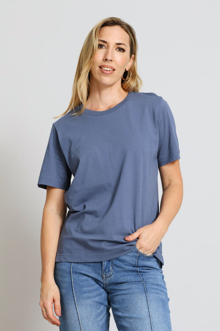 Cotton Rib Neck Boxy Tee - Mid Blue