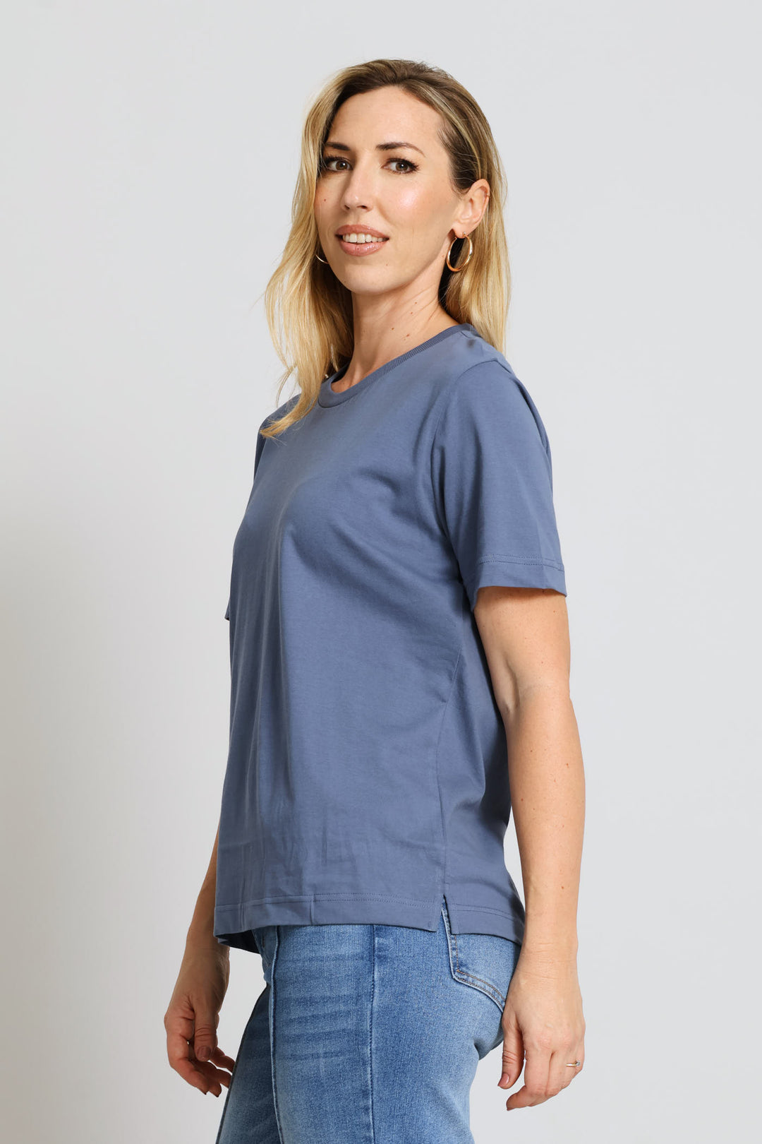 Cotton Rib Neck Boxy Tee - Mid Blue