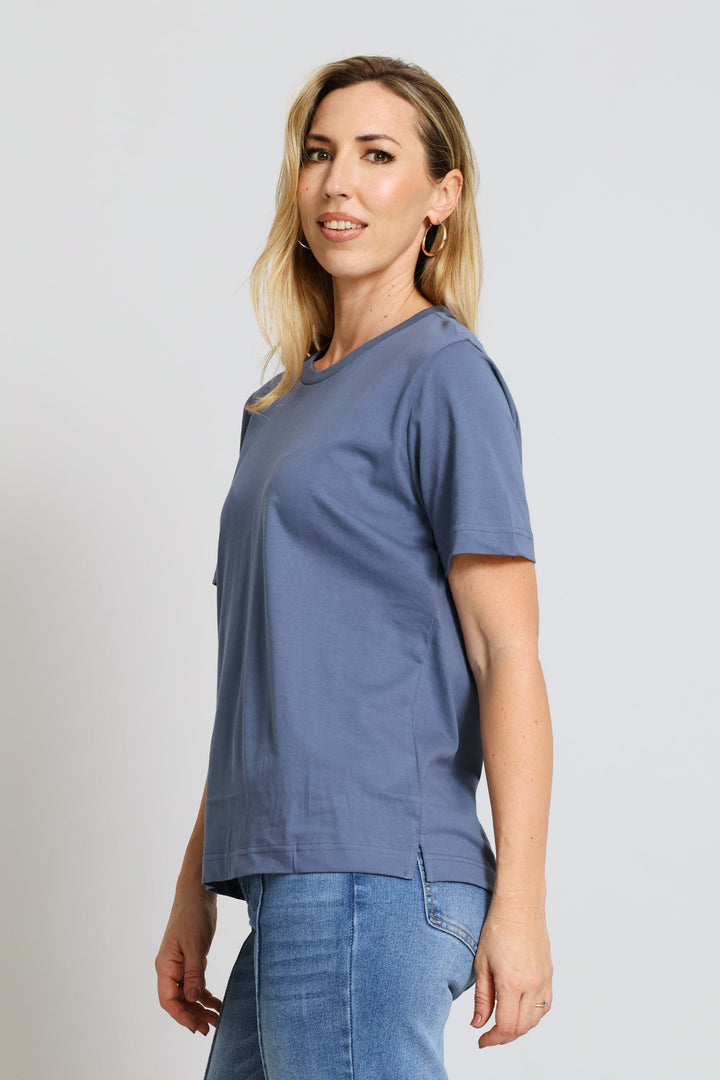 Cotton Rib Neck Boxy Tee - Mid Blue