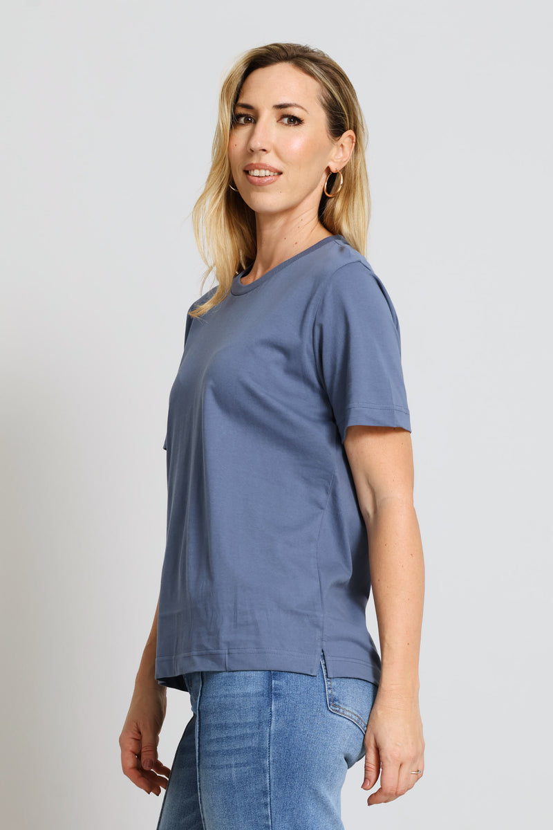 Cotton Rib Neck Boxy Tee - Mid Blue