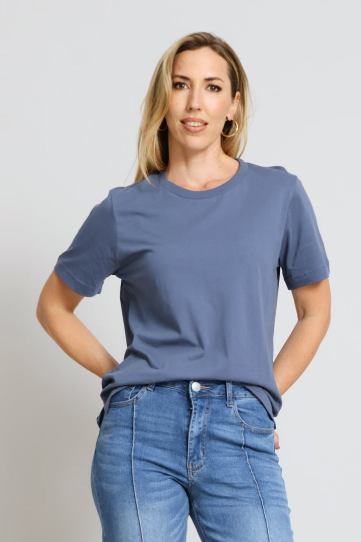 Cotton Rib Neck Boxy Tee - Mid Blue