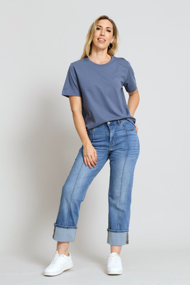 Cotton Rib Neck Boxy Tee - Mid Blue