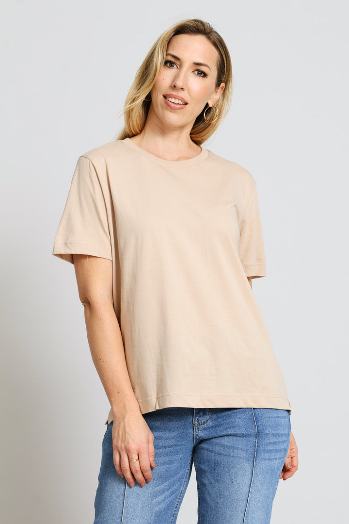 Cotton Rib Neck Boxy Tee - Mid Beige