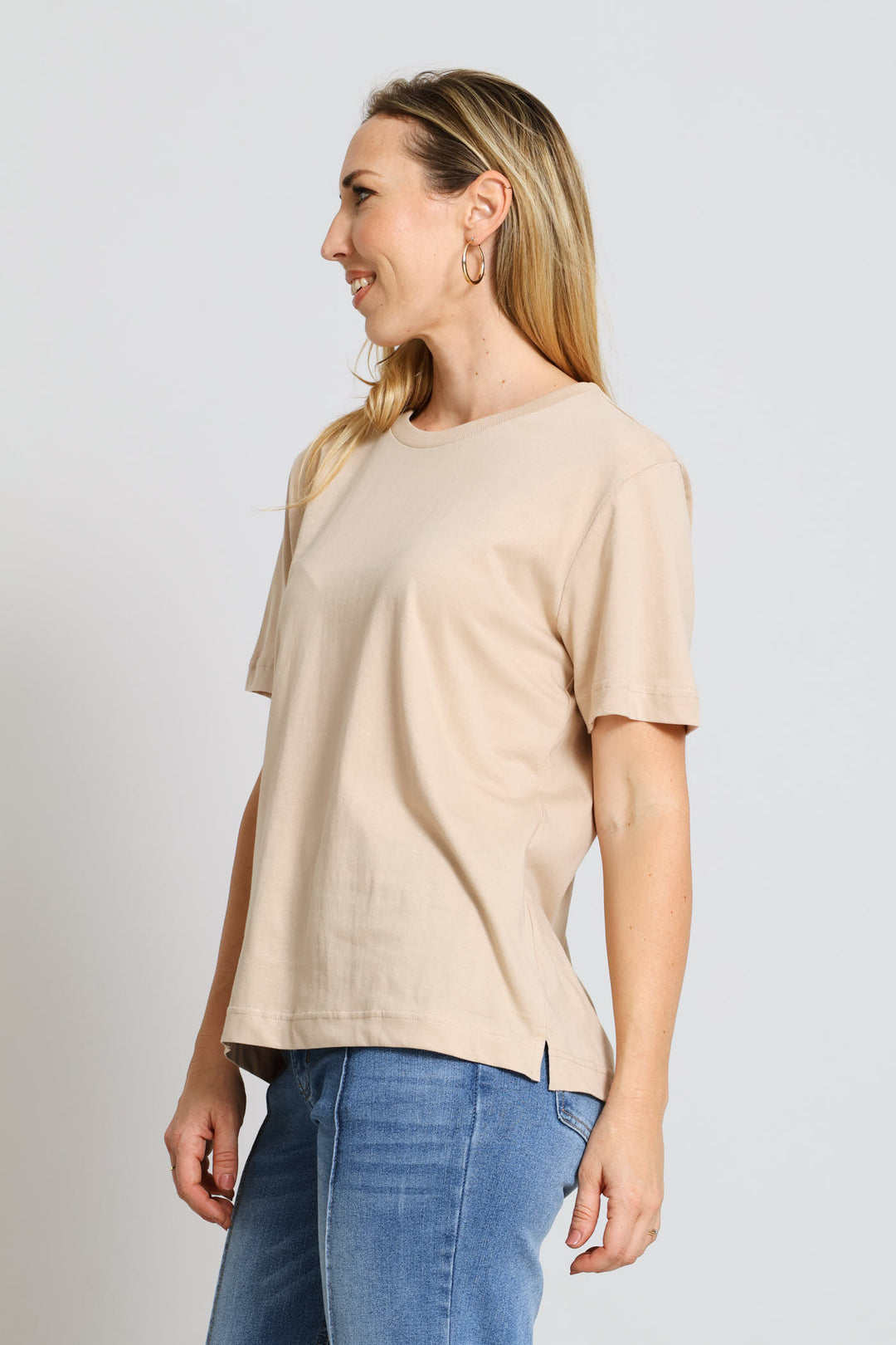 Cotton Rib Neck Boxy Tee - Mid Beige