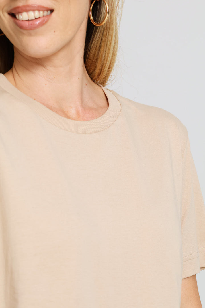 Cotton Rib Neck Boxy Tee - Mid Beige