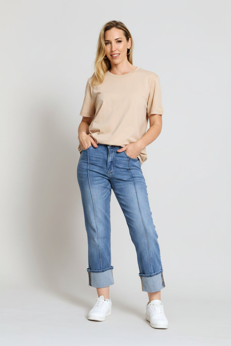 Cotton Rib Neck Boxy Tee - Mid Beige