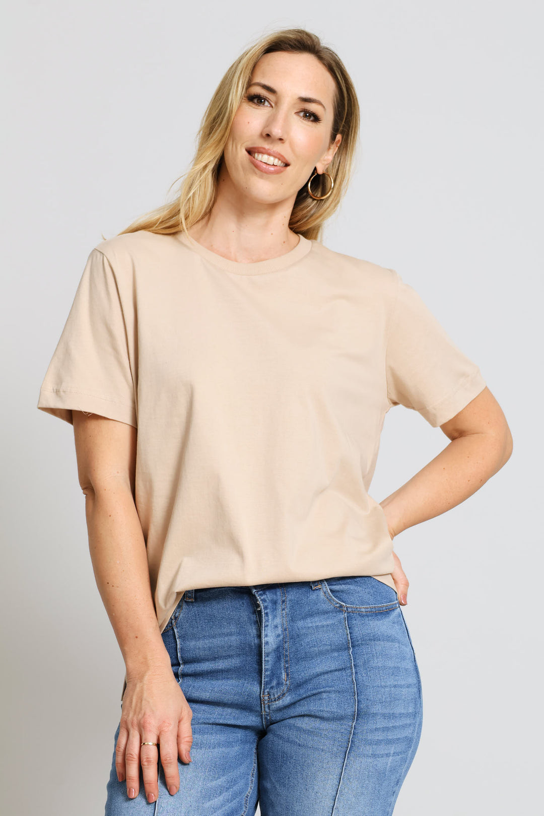 Cotton Rib Neck Boxy Tee - Mid Beige