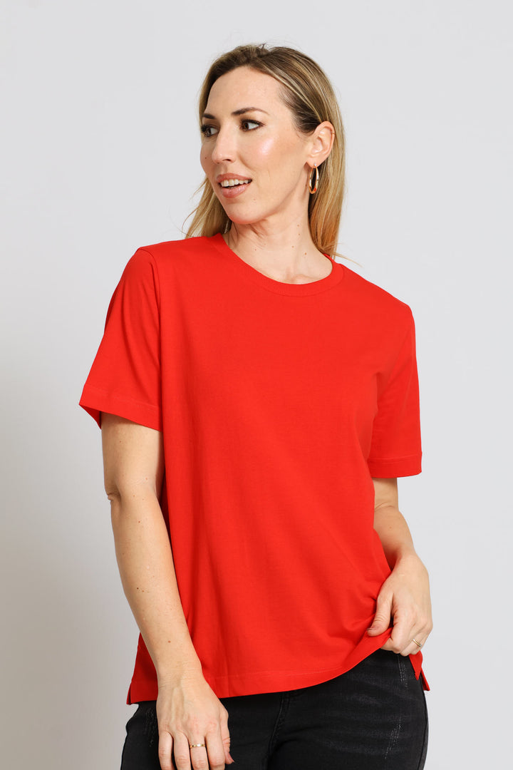 Cotton Rib Neck Boxy Tee - Red