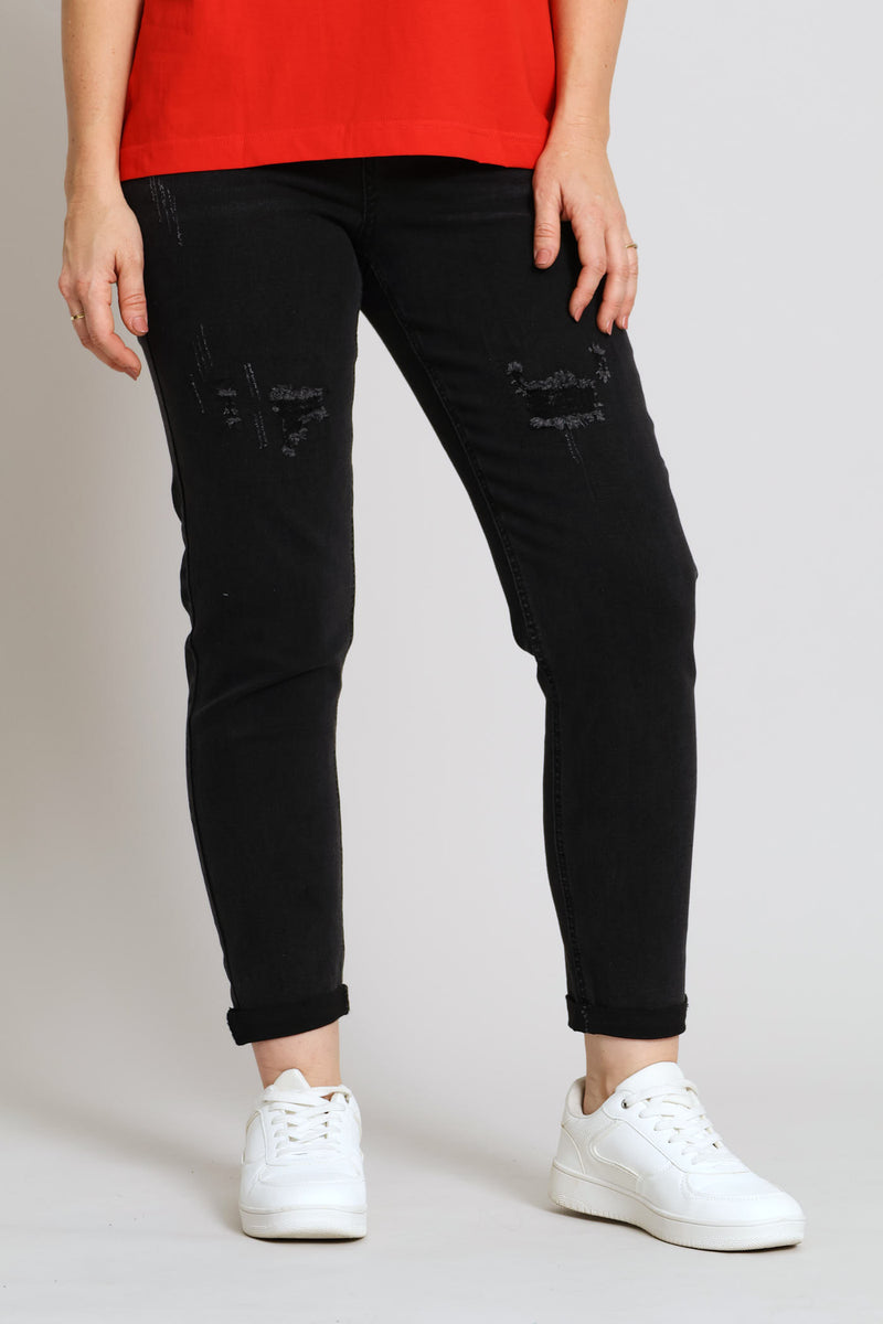 Hi-Rise Rip & Repair Turnup Mom Denim Jean - Charcoal