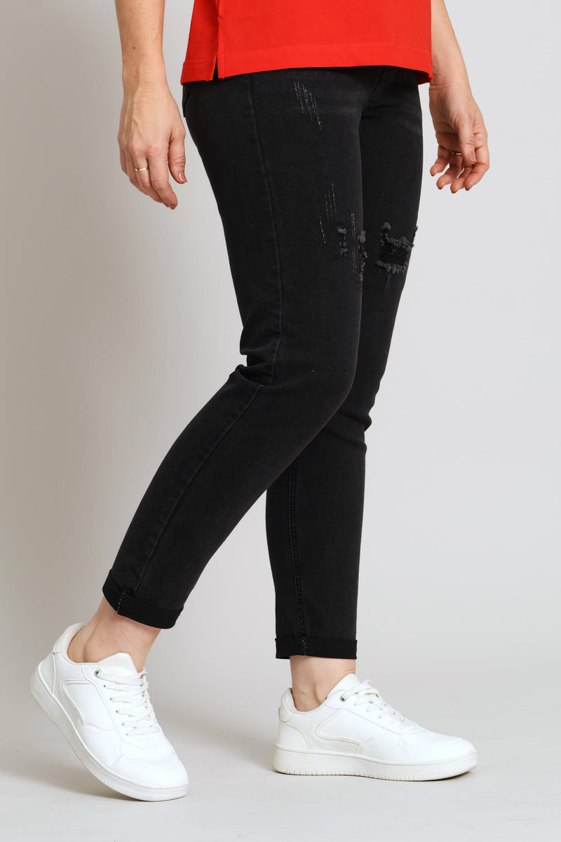 Hi-Rise Rip & Repair Turnup Mom Denim Jean - Charcoal