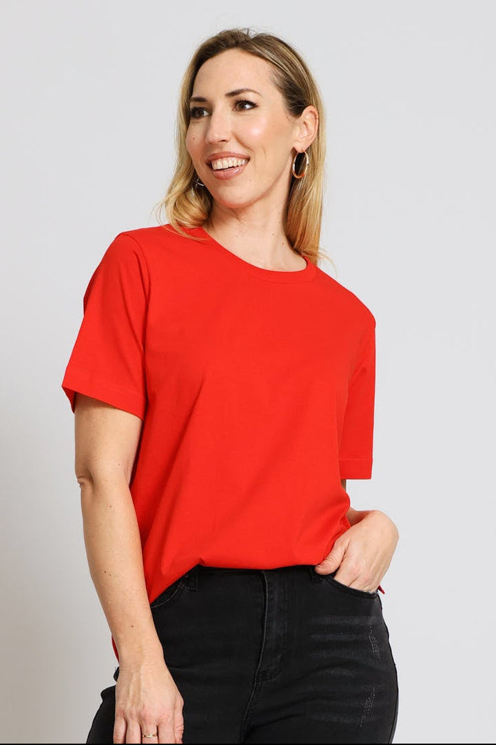 Cotton Rib Neck Boxy Tee - Red