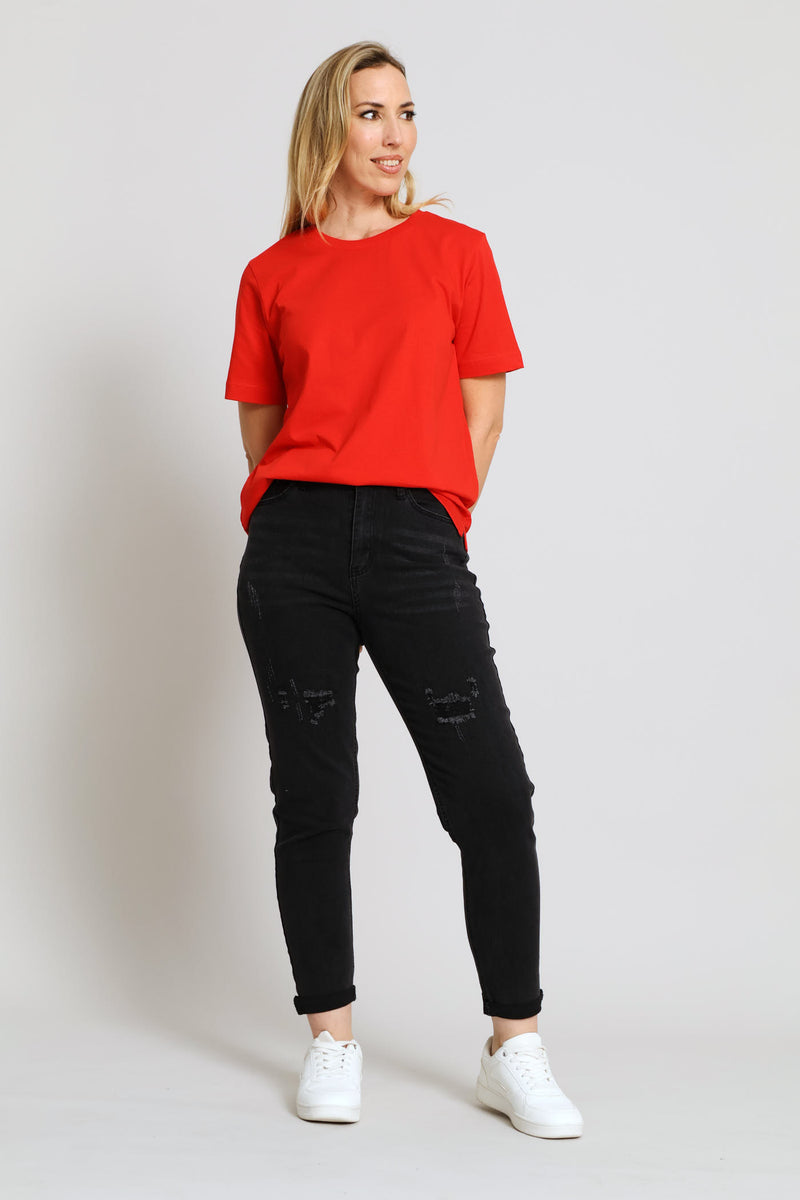 Cotton Rib Neck Boxy Tee - Red