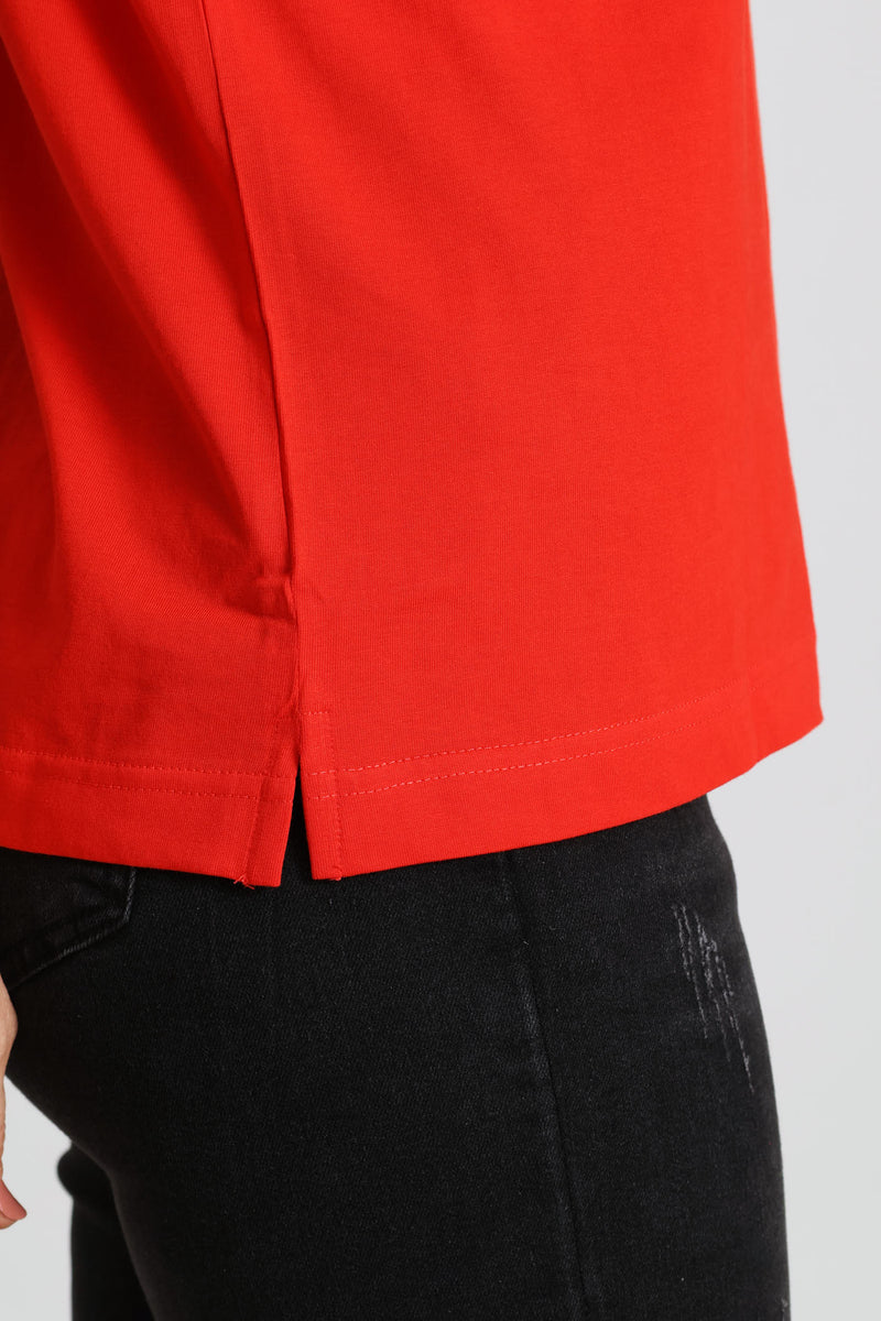 Cotton Rib Neck Boxy Tee - Red