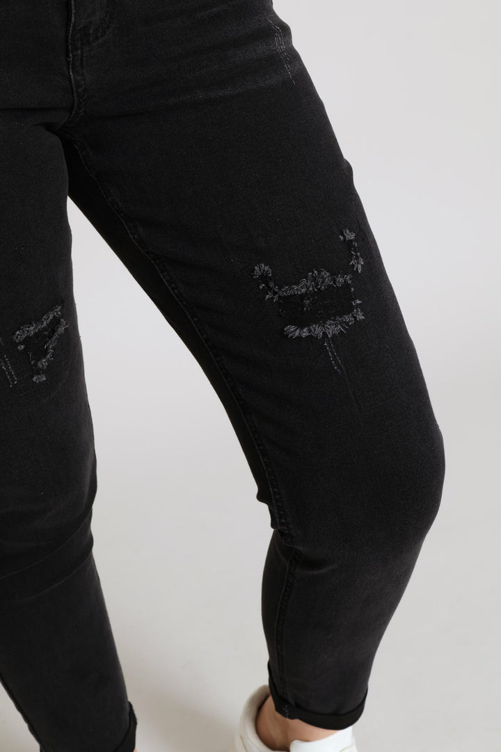 Hi-Rise Rip & Repair Turnup Mom Denim Jean - Charcoal