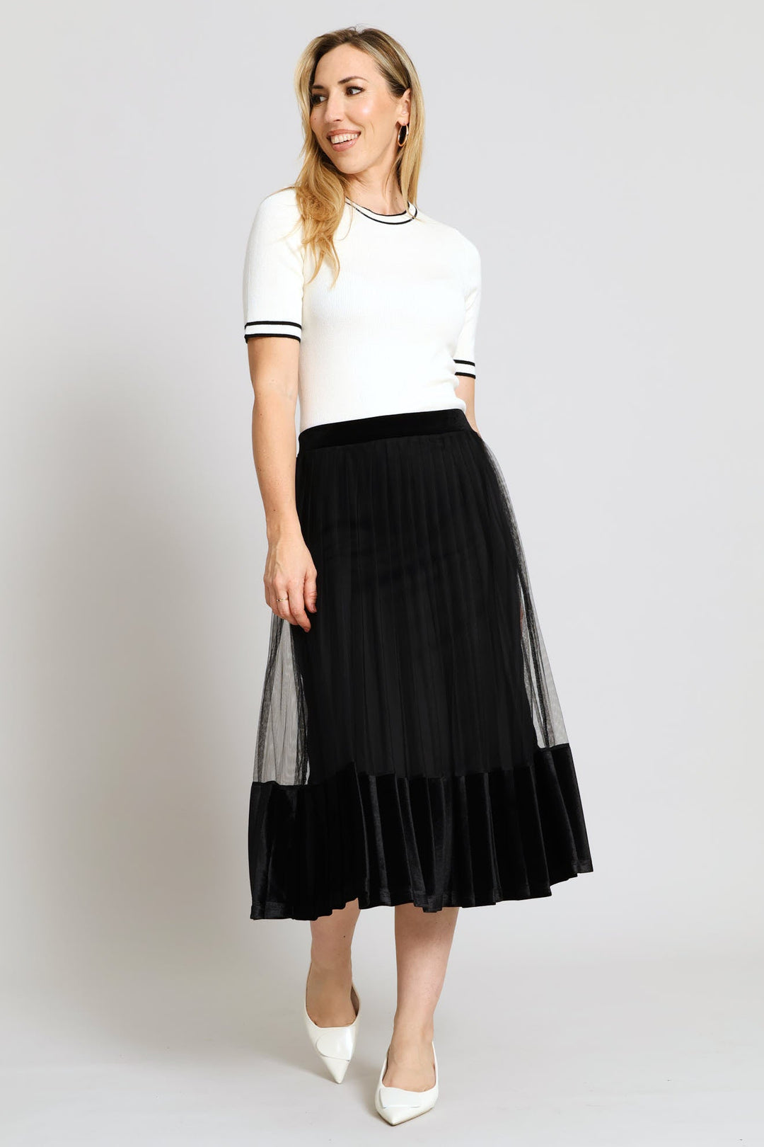 Pleated Mesh Combo Midi Skirt - Black