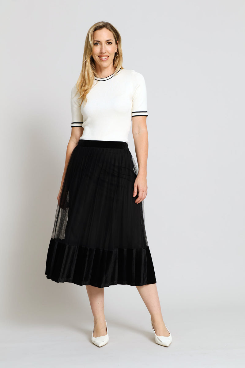 Pleated Mesh Combo Midi Skirt - Black