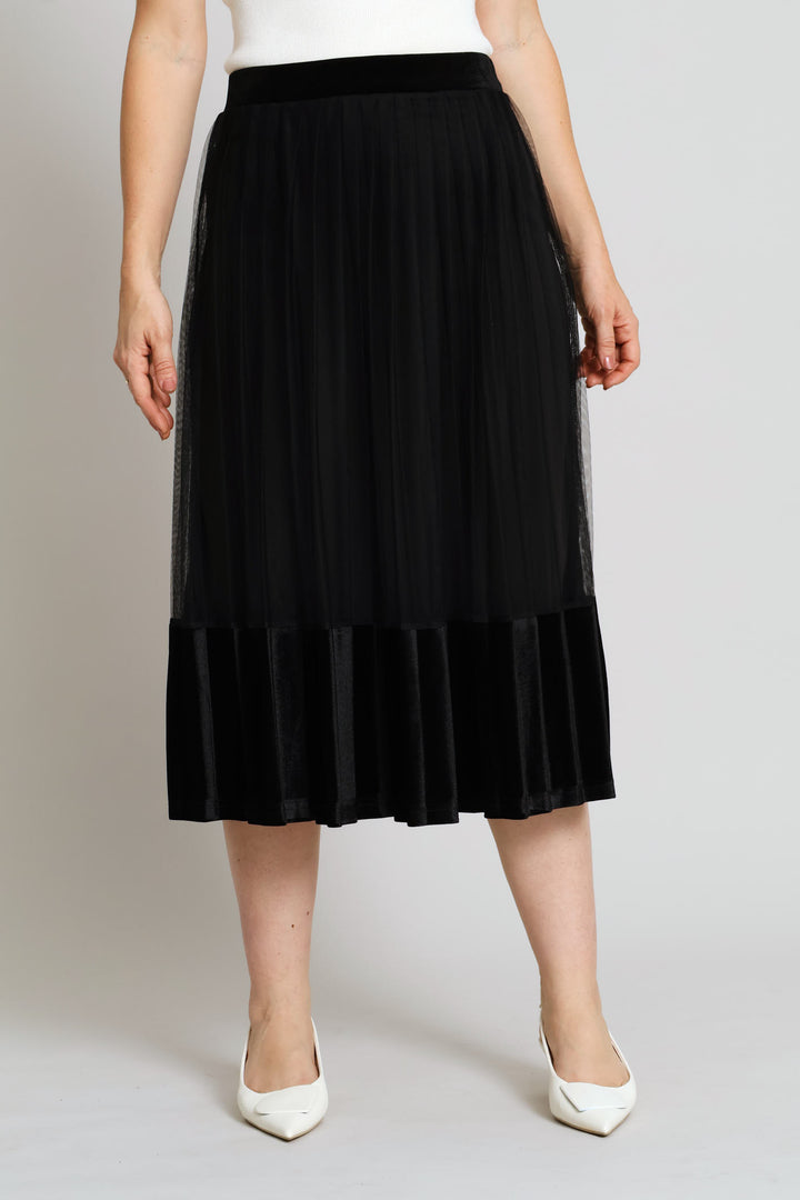 Pleated Mesh Combo Midi Skirt - Black