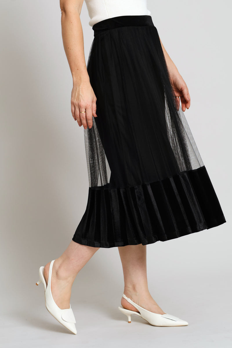 Pleated Mesh Combo Midi Skirt - Black