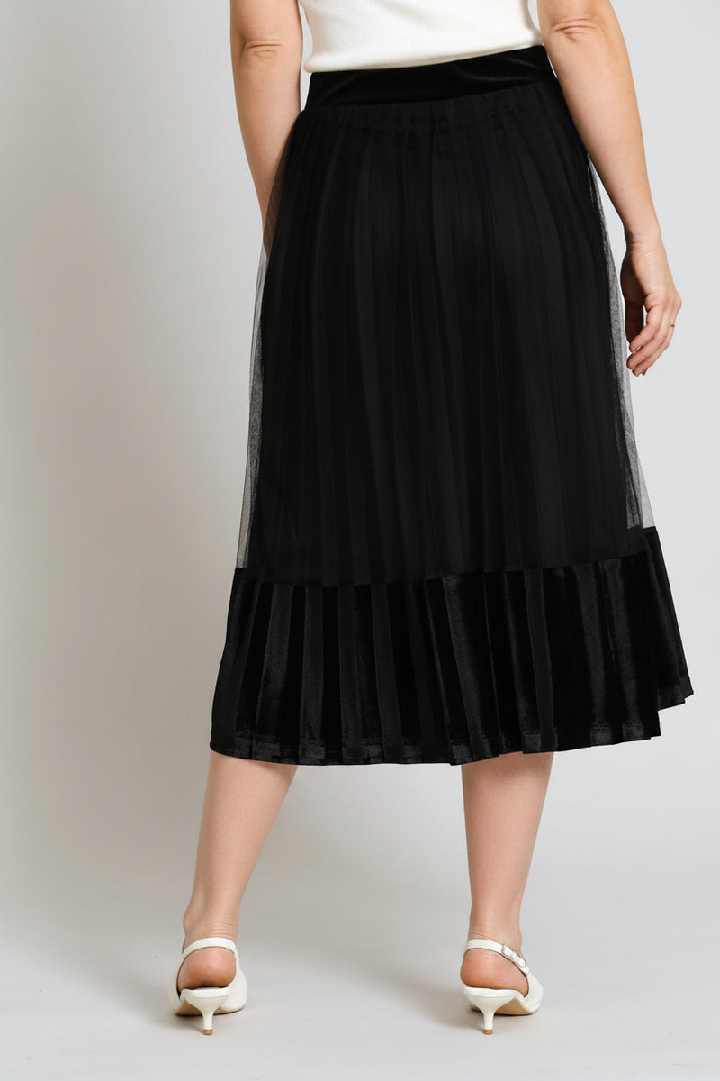 Pleated Mesh Combo Midi Skirt - Black