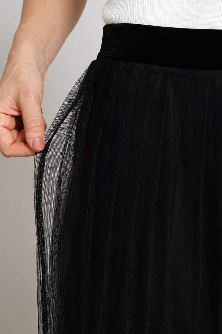 Pleated Mesh Combo Midi Skirt - Black