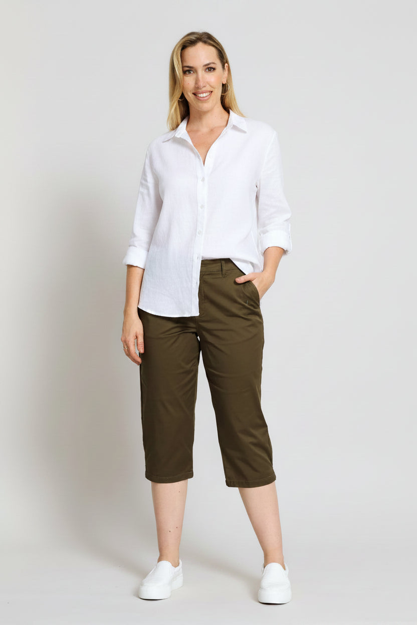 Belted Sateen Chino Capri Shorts - Fatigue