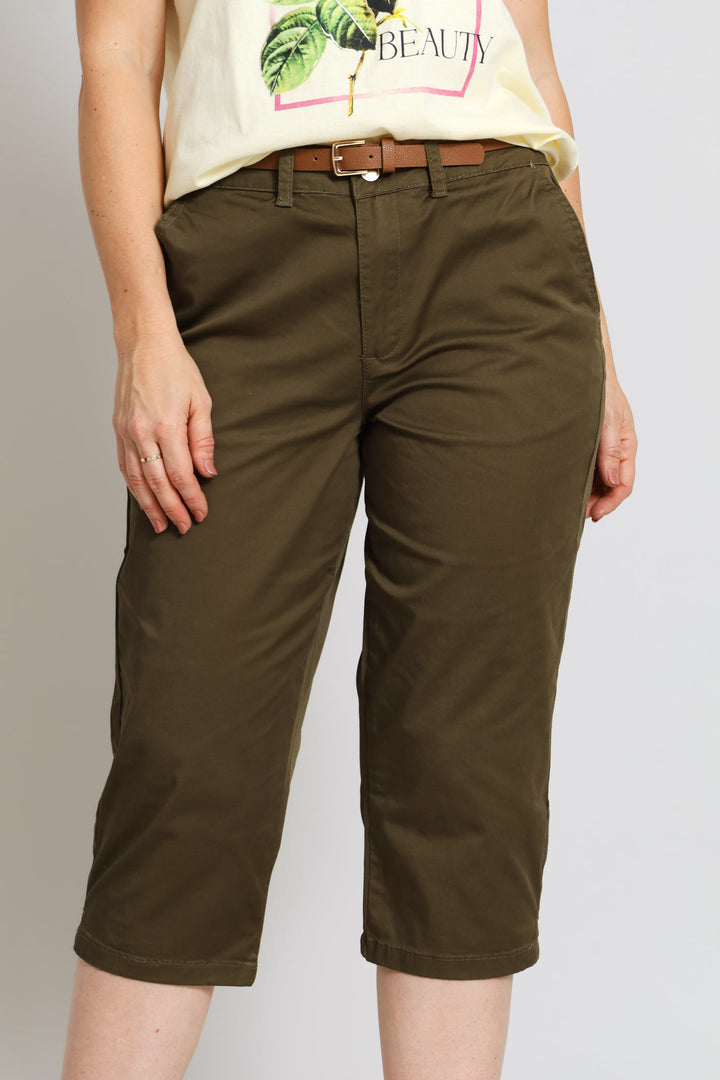 Belted Sateen Chino Capri Shorts - Fatigue