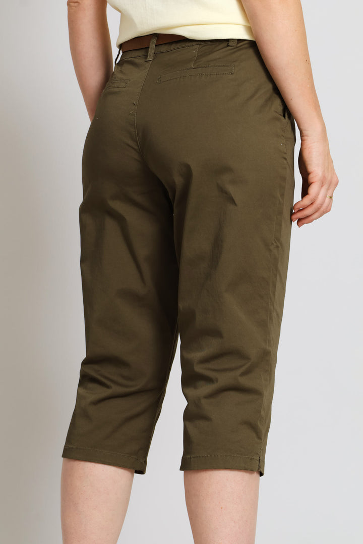 Belted Sateen Chino Capri Shorts - Fatigue