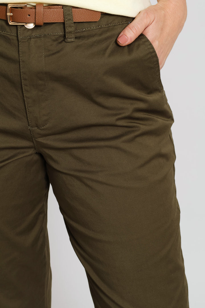 Belted Sateen Chino Capri Shorts - Fatigue
