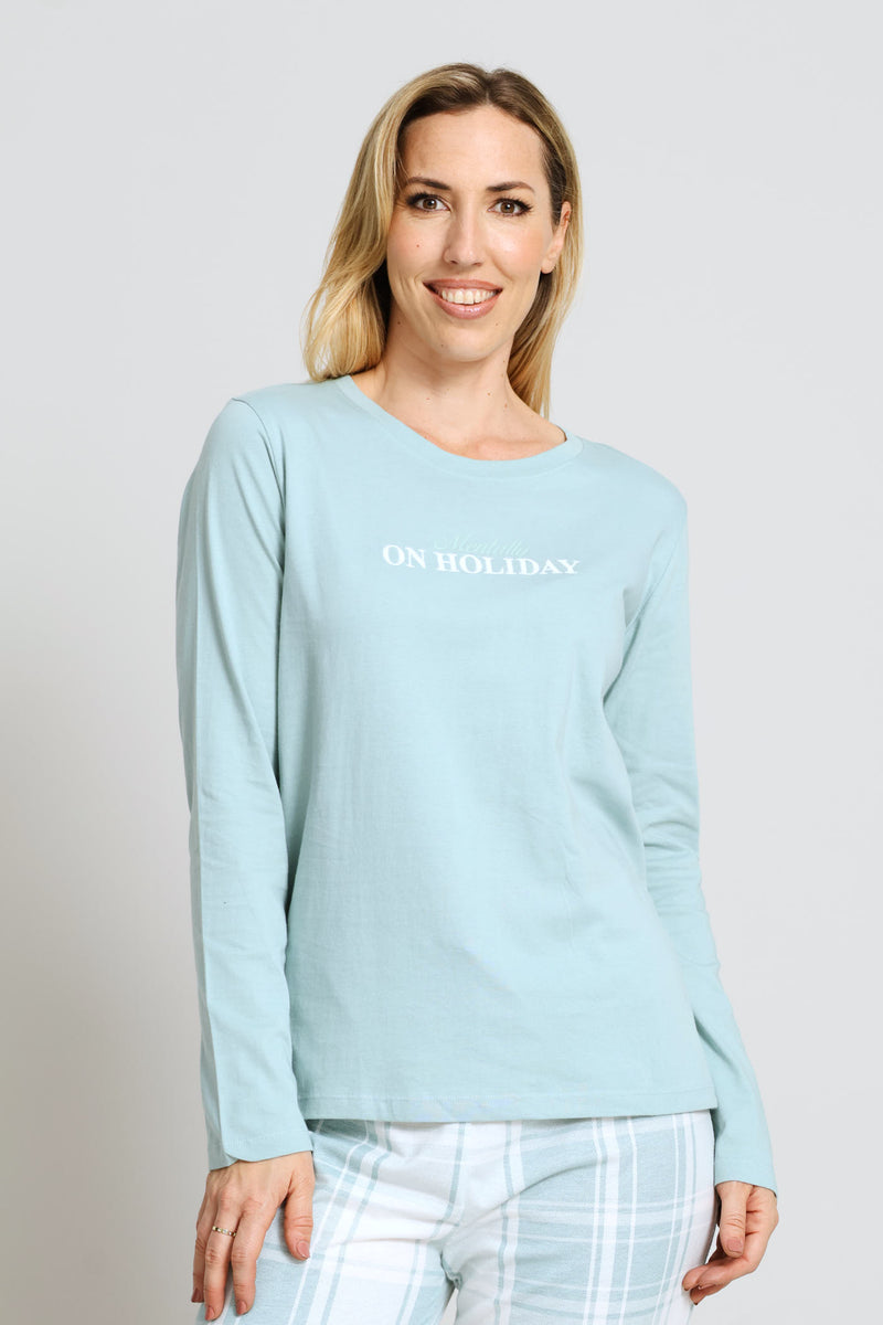 On Holiday Embroidered Knit Sleep Tee - Duck Egg