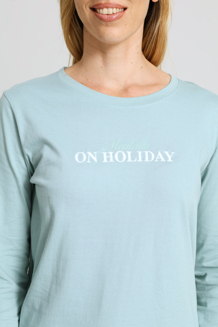On Holiday Embroidered Knit Sleep Tee - Duck Egg