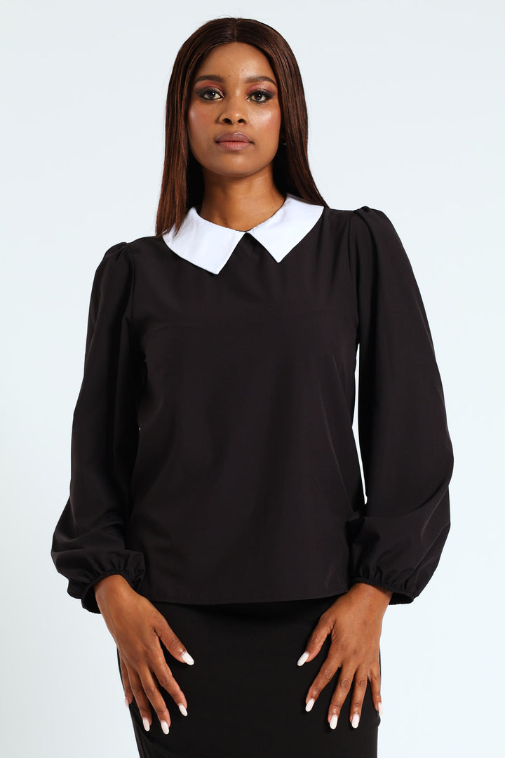 Collared Preppy Blouse - Black/White