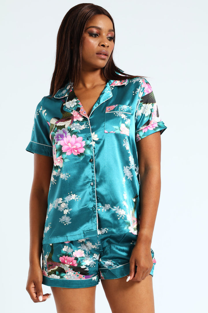 Peacock Button Through Satin Sleep Short - Emerald