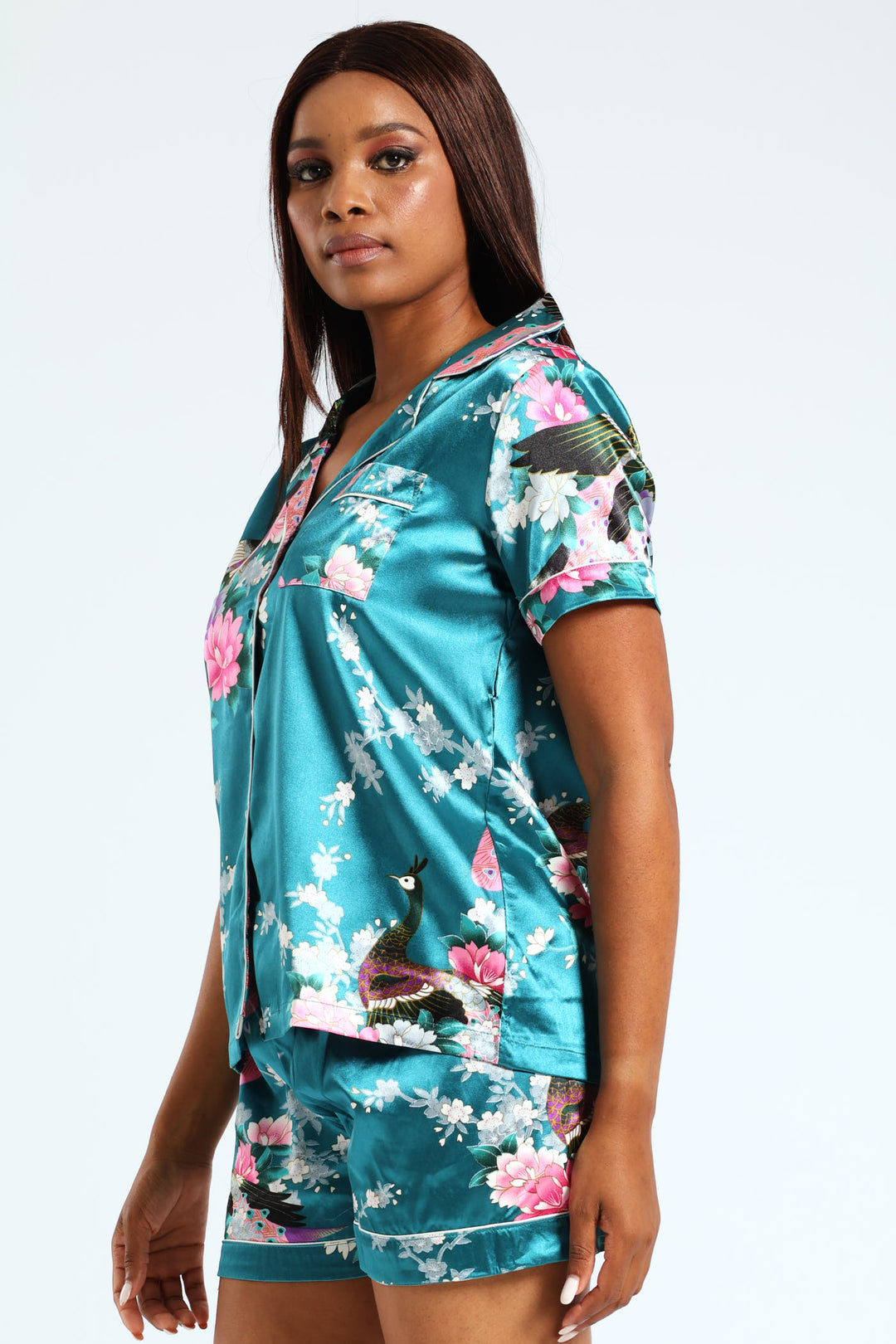 Peacock Button Through Satin Sleep Short - Emerald