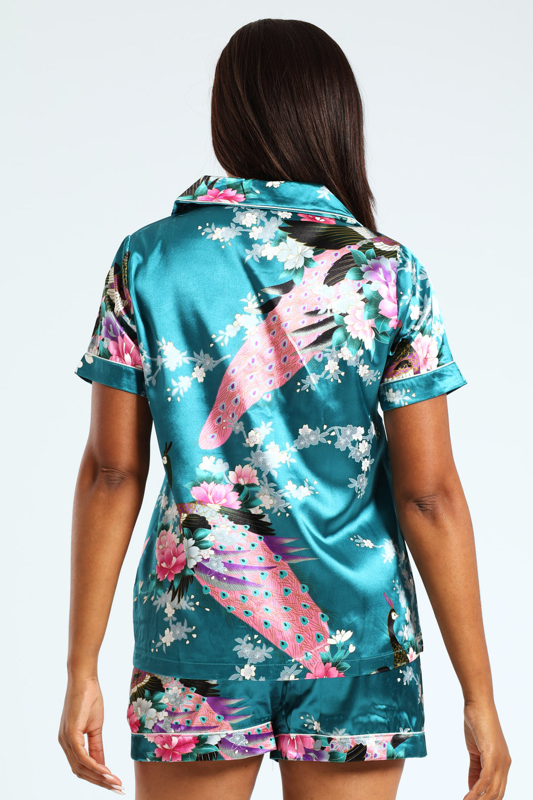 Peacock Button Through Satin Sleep Short - Emerald