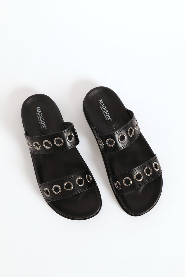 2 Strap Eyelet Sandal - Black